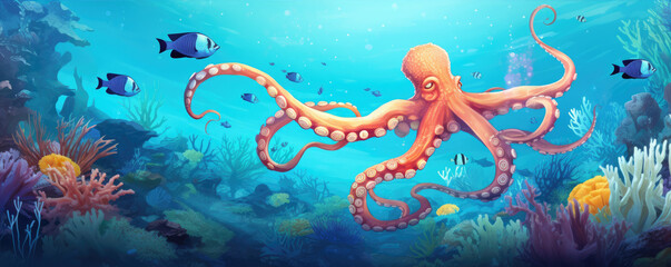 Colorful underwater scene featuring an octopus