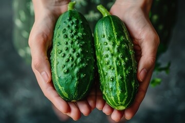 Close-up of hands holding two cucumbers, illustrating the growing of fresh, organic food, the promotion of healthy eating, and the process of harvesting the harvest. - Powered by Adobe