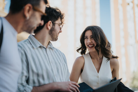 Multi-aged business professionals engaged in a discussion with technology for strategic planning and success. - Powered by Adobe