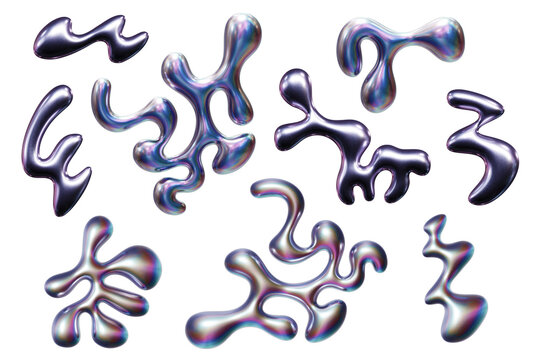 Abstract chrome three-dimensional doodle blobs in Y2K holographic style isolated on transparent background. 3D rendering