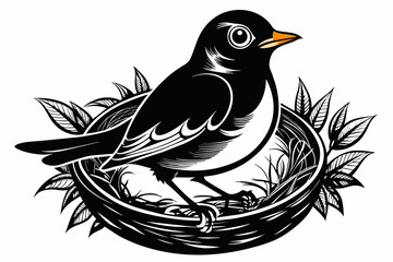 Black and white, Robin bird sit in nest, on white background