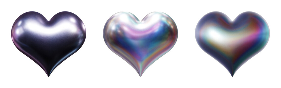 Heart symbols in three-dimensional Y2K holographic chrome style isolated on transparent background. 3D rendering