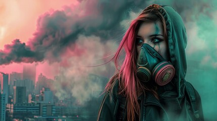 Greenpink haired girl in protective gear warning against smoking toxic cityscape medium shot intense colors - obrazy, fototapety, plakaty