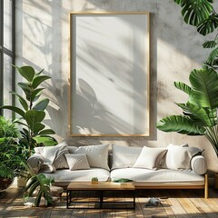 Stylish mockup in a minimalistic living room with a large, empty frame surrounded by green plants