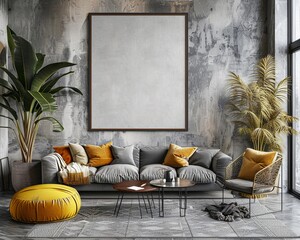 Trendy living room with a blank frame mockup, minimal style, and highend modern decor - obrazy, fototapety, plakaty