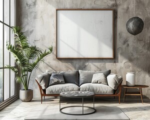 Trendy living room with a blank frame mockup, minimal style, and highend modern decor