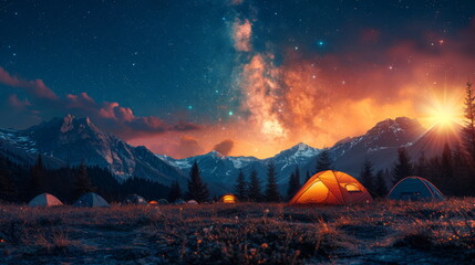 Night Scene With Tent and Stars - obrazy, fototapety, plakaty