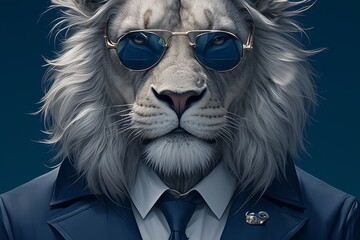 A lion wearing a suit and tie with sunglasses, portrait  - obrazy, fototapety, plakaty