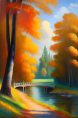 oil painting in the style of Monet - autumn park,warm colors,  generated by Ai