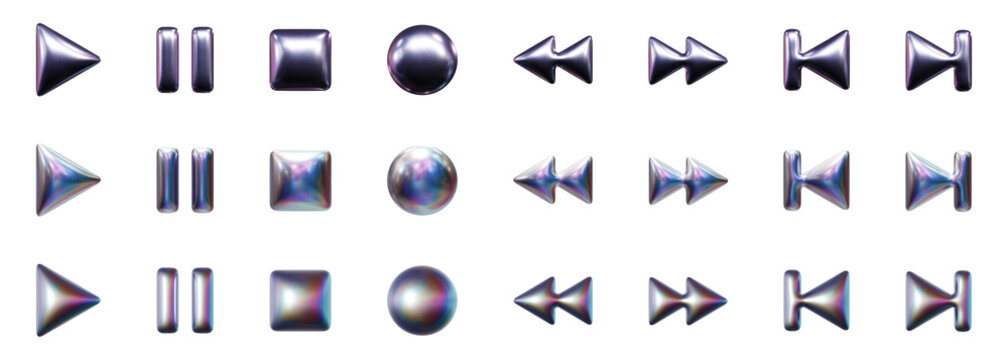 Media player symbols in three-dimensional Y2K holographic chrome styles isolated on transparent background. 3D rendering