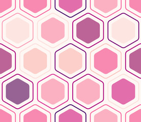 Geometric template background. Rounded hexagons mosaic pattern with inner solid cells. Large hexagons. Multiple tones color palette. Seamless pattern. Tileable vector illustration.
