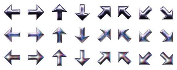 Directional block arrows in three-dimensional Y2K holographic chrome styles isolated on transparent background. 3D rendering