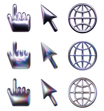 Retro web icons in three-dimensional Y2K holographic chrome styles isolated on transparent background. 3D rendering