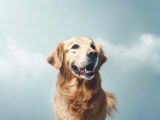 A dog is blowing bubbles in the air. The bubbles are floating above the dog's head, and the dog is...