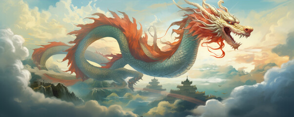 Fototapeta na wymiar Fiery orange dragon amidst mystical clouds