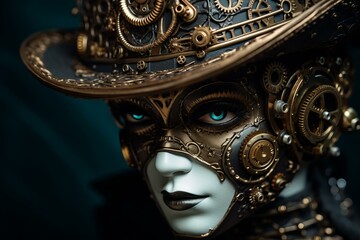 Obraz premium Intricate Steampunk eye face. Costume gear art. Fictional person. Generate Ai