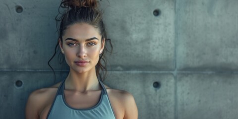 An athletic athletic girl stands against a concrete wall. Generative AI.