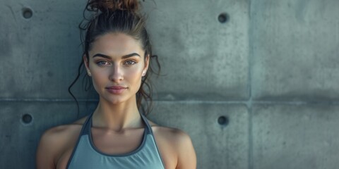 Fototapeta premium An athletic athletic girl stands against a concrete wall. Generative AI.