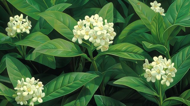   A painting of a bouquet of white flowers with green foliage in the foreground and a backdrop of a lush green bush