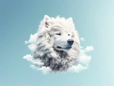 A white dog with a fluffy coat is staring at the camera. The image has a dreamy, whimsical feel to it, as if the dog is floating in the clouds
