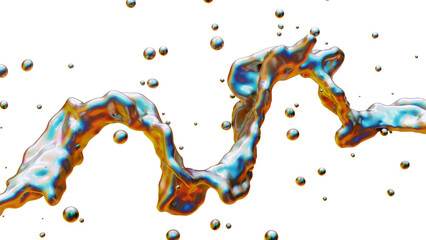 Abstract fluid chrome-like iridescent design with floating bubbles isolated on transparent background. 3D rendering