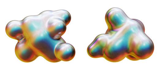 Abstract three-dimensional chrome-like liquid blobs with iridescent colors isolated on transparent background. 3D rendering
