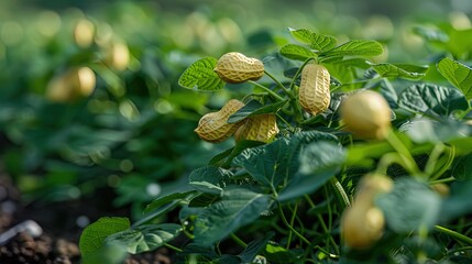 Close-up of ripe peanuts growing in their shells, nestled among the vibrant green foliage of the