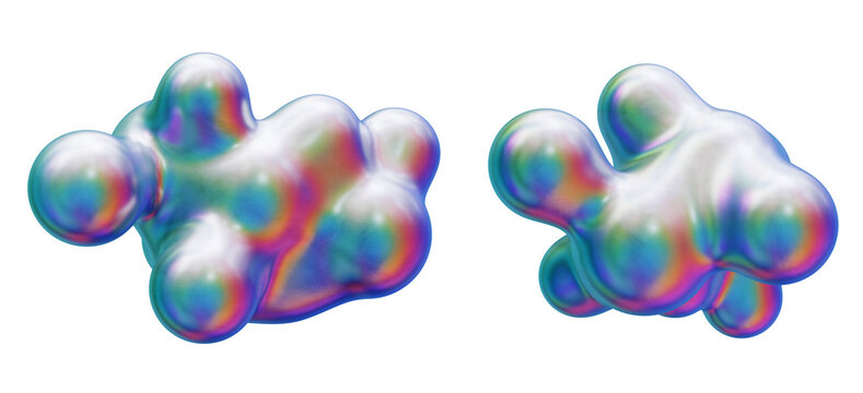 Abstract three-dimensional chrome-like liquid blobs with iridescent neon colors isolated on transparent background. 3D rendering