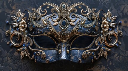 An exquisite masquerade mask crafted with intricate lacework and shimmering jewels, adding an a