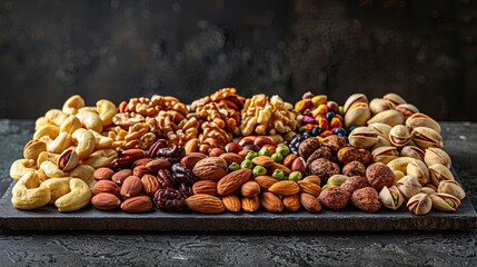 An enticing assortment of nuts, such as cashews, pistachios, and hazelnuts, presented on a polish - Powered by Adobe