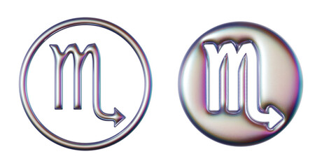 Scorpio zodiac symbol in three-dimensional Y2K holographic chrome styles isolated on transparent background. 3D rendering