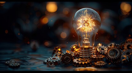 A light bulb surrounded by gears and cogs, symbolizing the innovative process of generating new