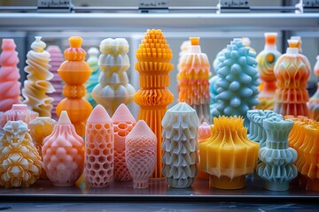 Assorted 3D printed art objects on shelf