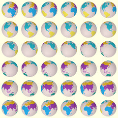 Collection of planet globes. Slanted sphere view. Rotation step 10 degrees. Colored continents style. World map with sparse graticule lines on creamy background. Pleasing vector illustration.