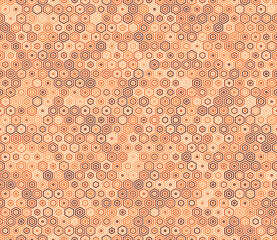 Pattern of hexagon shapes. Stacked hexagon bold mosaic cell. Orange color tones. Hexagon shapes. Tileable pattern. Seamless vector illustration.