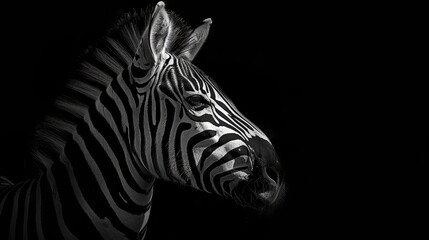 Naklejka premium A black-and-white image of a zebra with its head turned to one side