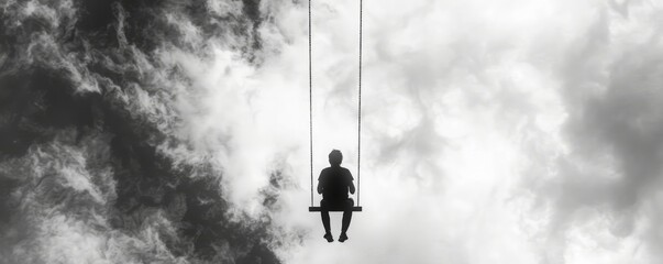 a girl swinging from the sky, no ground in sight black and white photo - obrazy, fototapety, plakaty