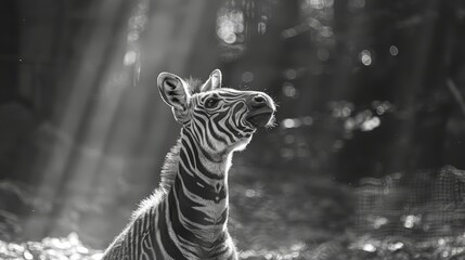 Obraz premium A black-and-white image of a zebra with its mouth agape and head tilted sideways