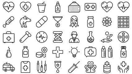 set of different medical care thin line  Icons, flat