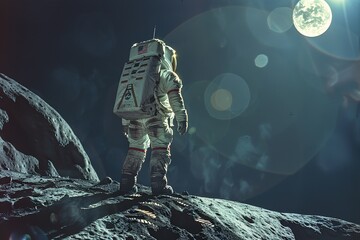 A man in a space suit stands on a rocky surface looking up at the moon. Concept of wonder and...