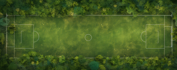 Aerial view of empty soccer field amidst greenery - obrazy, fototapety, plakaty