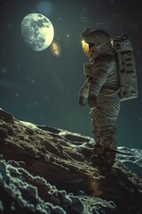 A man in a spacesuit stands on a rocky surface looking up at the moon. Concept of wonder and...