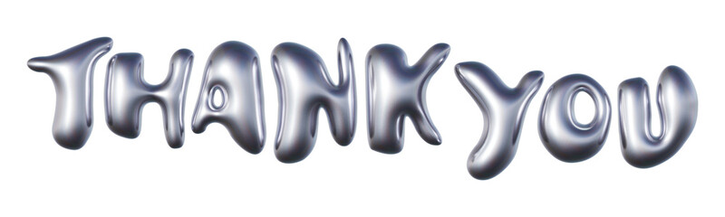 Thank You written in three-dimensional Y2K glossy chrome blob lettering isolated on transparent background. 3D rendering