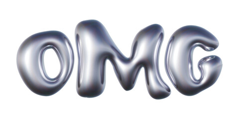 OMG written in three-dimensional Y2K glossy chrome blob lettering isolated on transparent background. 3D rendering - obrazy, fototapety, plakaty