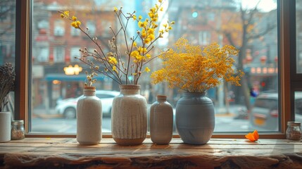   Three vases atop a window sill, facing a city street view through the glass