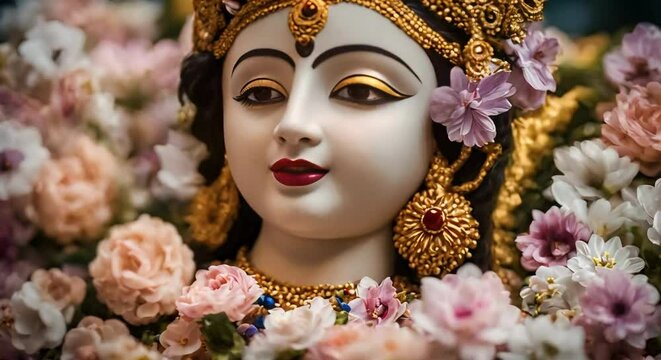 Divine Gaze: Close-Up of Radha Krishna Statue with Falling Flowers