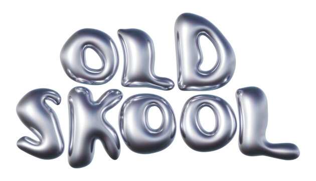 Old Skool written in three-dimensional Y2K glossy chrome blob lettering isolated on transparent background. 3D rendering