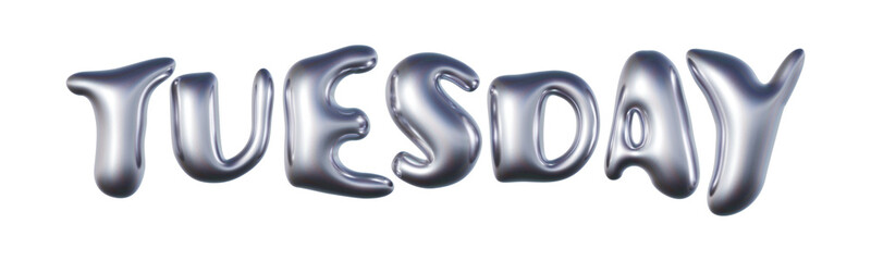 Tuesday written in three-dimensional Y2K glossy chrome blob lettering isolated on transparent background. 3D rendering