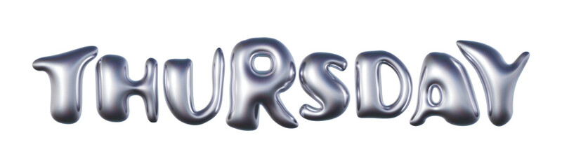 Thursday written in three-dimensional Y2K glossy chrome blob lettering isolated on transparent background. 3D rendering