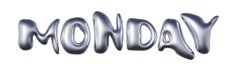 Monday written in three-dimensional Y2K glossy chrome blob lettering isolated on transparent background. 3D rendering
